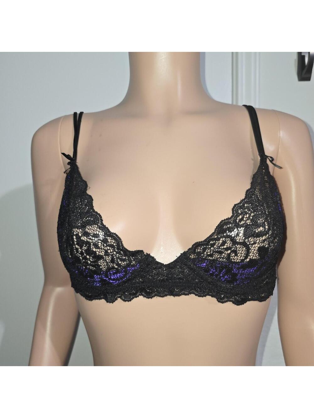 VTG Fredericks Of Hollywood Lace Dark Feminine Bra USA Sz 38 Black Purple